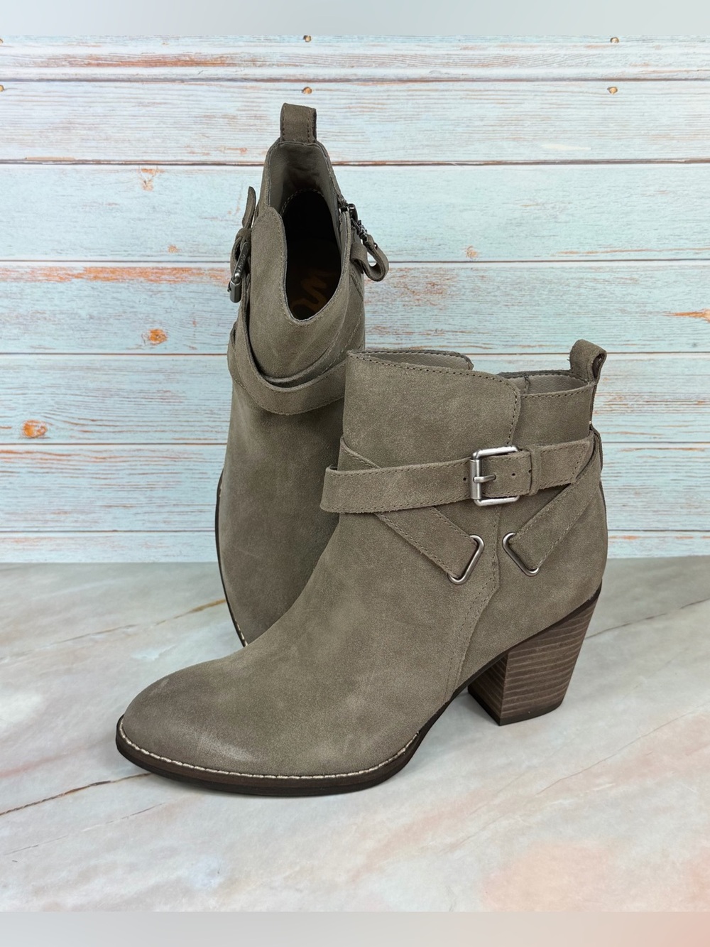 NEW Sam Edelman Morris Suede Ankle Booties with Buckle Accent in Flint Grey